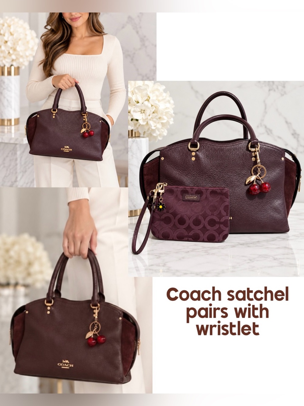 Coach Dark Brown/Burgundy Leather & Suede Satchel + Coordinating Wristlet